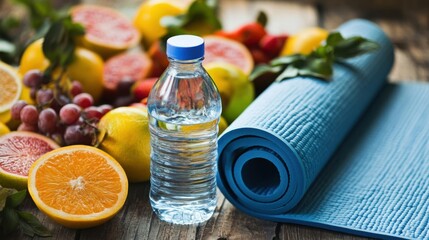 Healthy lifestyle refreshing fruits and water with yoga mat on wooden table natural environment close-up perspective