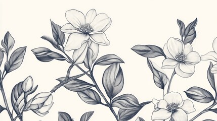 Fototapeta premium 92.A set of continuous line drawings of plants, featuring intricate black sketches of flowers and leaves, elegantly isolated on a clean white background for a modern aesthetic.