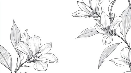 92.A set of continuous line drawings of plants, featuring intricate black sketches of flowers and leaves, elegantly isolated on a clean white background for a modern aesthetic.