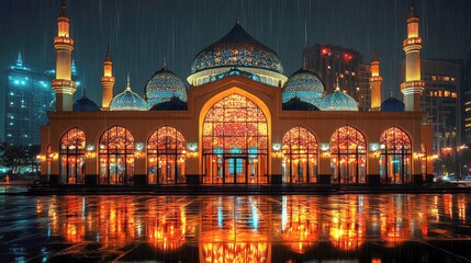 Fototapeta premium Majestic Illuminated Mosque at Night in the Rain