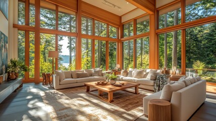 Fototapeta premium 28.A spacious and elegant living room with a panoramic window showcasing a dense forest, natural light flooding over stylish seating, a neutral rug, and subtle wooden accents.