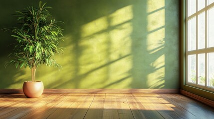 87.A spacious interior with an empty olive-green wall perfect for mockups, complemented by warm-toned wooden floors and a tall green plant basking in the bright sunlight pouring in.