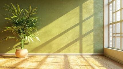 87.A spacious interior with an empty olive-green wall perfect for mockups, complemented by warm-toned wooden floors and a tall green plant basking in the bright sunlight pouring in.