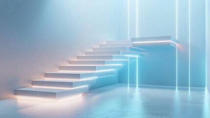 Obraz premium A floating futuristic staircase with glowing edges, seamlessly connecting two minimalist levels in a softly lit environment.