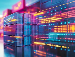 Shipping containers stacked in a data center with glowing lines of code, represent the convergence of logistics, data storage, and digital technology in modern infrastructure.