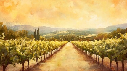 Fototapeta premium A painting of a vineyard with a long row of vines. The painting is done in watercolor and has a warm, inviting tone. Concept of tranquility and peacefulness
