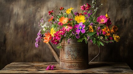 Rustic watering can overflowing with wildflowers on wooden table, dark background, floral arrangement