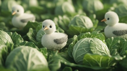 Fluffy ducklings nestled amongst lush green cabbages in a vibrant garden setting.