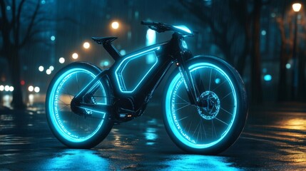 Futuristic Electric Bicycle Glowing Blue at Night in City