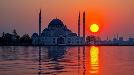 Obraz premium Majestic Mosque at Sunset: A Breathtaking View of Istanbul's Architectural Gem