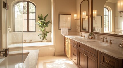 Luxurious bathroom with double vanity, soaking tub, and natural light.