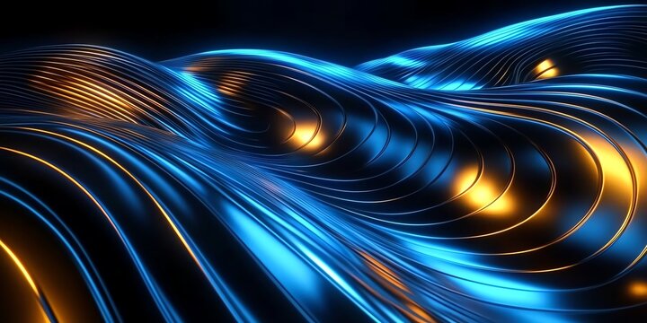 Futuristic curved and wavey lines with triangular elements, 3D, reflective, blue and gold accents against a sleek black background, intricate patterns, 32K, rendered in Unreal Engine 5 with cinematic 