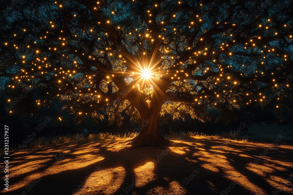 Wall mural a bright star shining through the branches of an ancient tree, its light casting intricate shadows o