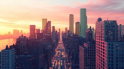 Vibrant City Skyline at Sunset with Skyscrapers and Busy Roads