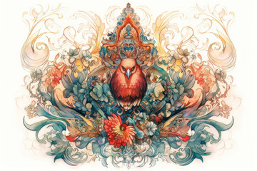an exquisite and detailed pattern with a central element in the form of a bright red bird surrounded by ornamental floral elements. 