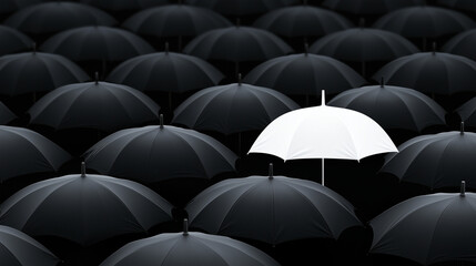A single white umbrella stands out among a sea of identical black umbrellas, symbolizing individuality, uniqueness, and contrast. A perfect concept for leadership and creativity.