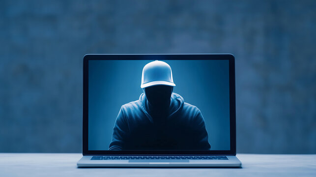 A laptop screen displaying a white-hooded hacker, symbolizing ethical hacking and cybersecurity. A concept representing data protection, penetration testing, and online security. 