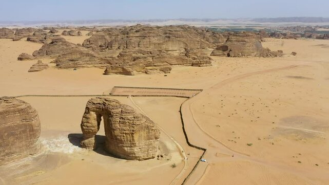The elephant Rock in Al Aula Saudia Arabia. A true icon of AlUla, the elephant shaped rock formation stretches up 52 metres into the sky, its warm-hued sandstone shaped by wind and water erosion.