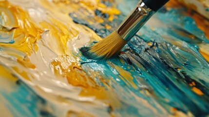 Fototapeta premium A brush is being used to paint a picture. The brush is blue and yellow. The paint is wet and the brush is being used to apply it to the canvas