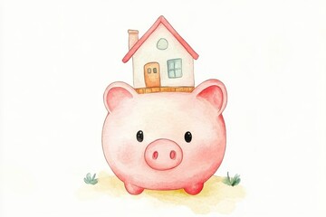 A charming illustration featuring a piggy bank with a house on top. Ideal for concepts related to saving, finance, and home ownership.