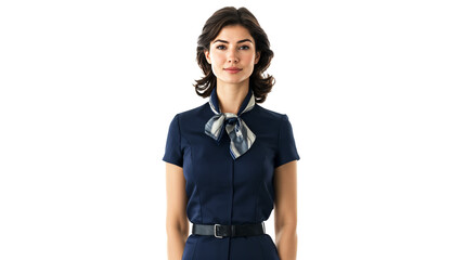 portrait of a female flight attendant with dark brown hair, isolated on a white background, wearing a navy blue uniform with a scarf, smiling politely, copyspace