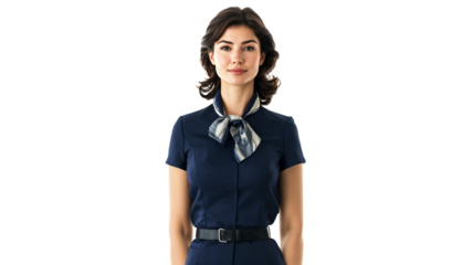 portrait of a female flight attendant with dark brown hair, isolated on a white background, wearing a navy blue uniform with a scarf, smiling politely, copyspace
