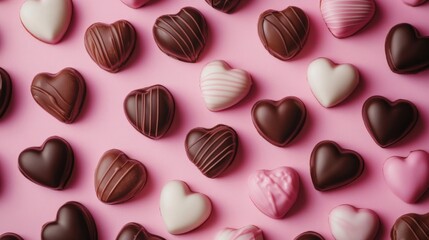 Fototapeta premium Heart Shaped Chocolates on Pink Background