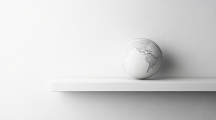 A minimalist white globe sits on a shelf against a plain white wall, showcasing a modern and clean interior design aesthetic.