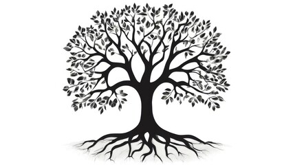 Obraz premium Minimalistic black and white tree illustration with symmetrical leaf pattern, visible roots, and simple design.