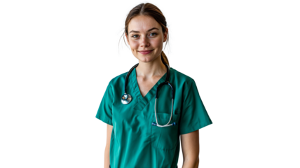 portrait of a female veterinarian with her hair tied back, isolated on a white background, wearing a green veterinary scrubs with a stethoscope, smiling softly, copyspace
