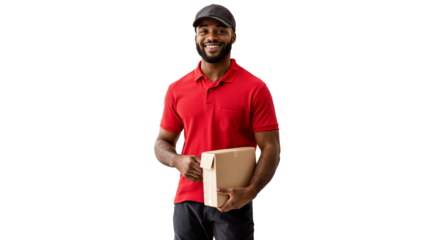 portrait of a male delivery driver with a cap, isolated on a white background, wearing a red polo shirt and holding a package, smiling cheerfully, copyspace