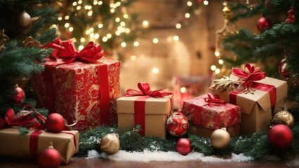 Festive Christmas Presents Under Decorated Tree with Snowy Background