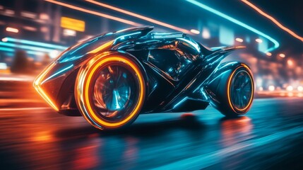 Fototapeta premium Futuristic Vehicle Speeding Through Neon City at Night