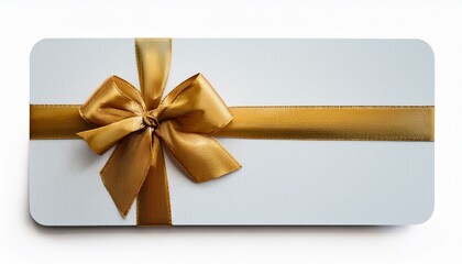 Fototapeta premium white and golden gift box with ribbon. White gift voucher with gold ribbon and bow. Discount coupon. Isolated on white
