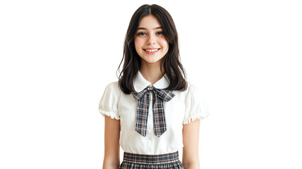 portrait of a young female student with shoulder-length black hair, isolated on a white background, wearing a school uniform with a plaid skirt and white blouse, smiling brightly