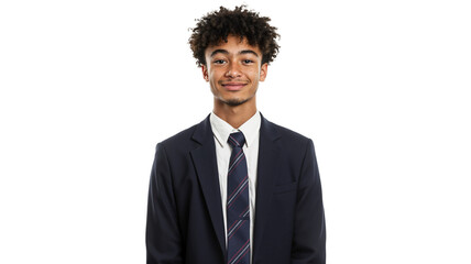 portrait of a male student with short curly hair, isolated on a white background, wearing a school uniform with a navy blazer and tie, smiling confidently