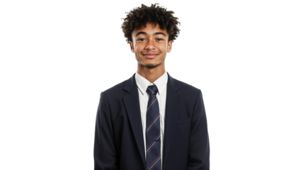 portrait of a male student with short curly hair, isolated on a white background, wearing a school uniform with a navy blazer and tie, smiling confidently
