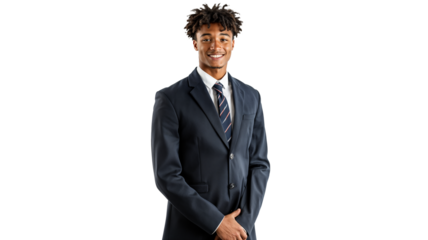 portrait of a male high school student with short curly hair, isolated on a white background, wearing a school uniform with a blazer and tie, smiling proudly