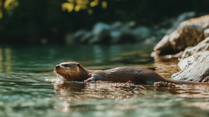 Fototapeta premium Playful River Otter Sliding into Clear Calm River Under Bright Sunlight: Showcasing Playful Behavior and Natural Habitat of Otters in Serene Setting