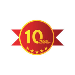Modern red background reliable 10 year warranty red and golden  gradient badge, sign, illustration, label, seal with red ribbon, on white background.