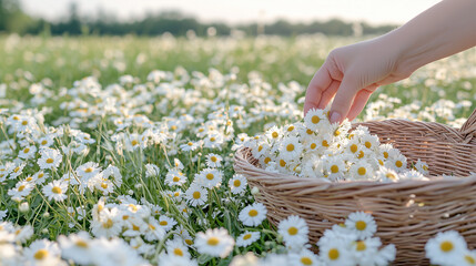 Serene herbal harvesting scene with chamomile and lush greenery