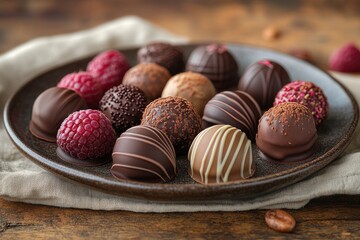 Assorted Gourmet Chocolates on Rustic Table Setting with Elegant Presentation and Textures