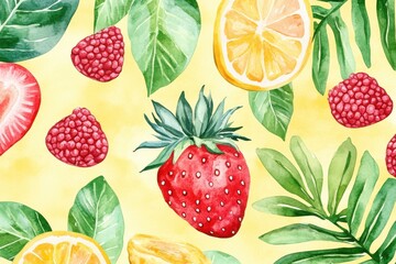 A vibrant watercolor illustration featuring strawberries, raspberries, lemon slices, and green leaves on a cheerful yellow background.