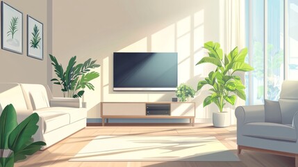 27.A bright and modern living room featuring a comfortable couch, a simple TV unit, a cozy armchair, and leafy plants basking in sunlight from a wide window, rendered in clean vector lines.