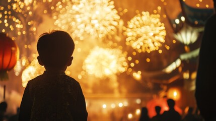 Naklejka premium Silhouette Of Toddler Watching Fireworks Display At Night