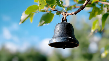Fototapeta premium Garden bell hanging from tree branch, sunny day