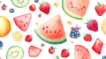 Fototapeta premium A vibrant watercolor illustration of various fruits including watermelon, strawberries, and blueberries, creating a refreshing and colorful pattern.