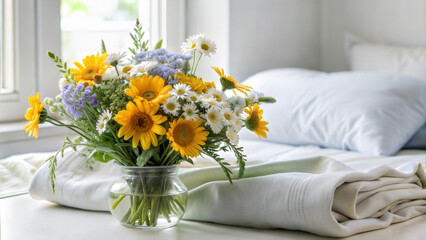 Cozy bedroom with a vase of sunflowers and wildflowers, bright and refreshing interior decor