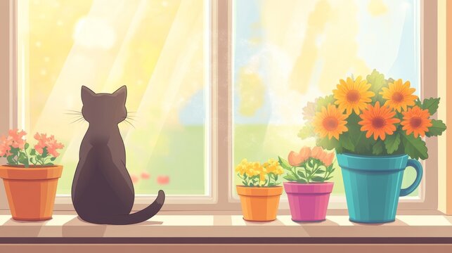 88.A clean and cozy vector illustration of a wide window with sunlight streaming through, a curious cat sitting on the sill, colorful potted flowers lined up neatly, and a steaming coffee mug on the