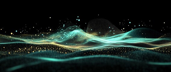 Glowing yellow particles and green landscape create an abstract universe with flying sand on a dark night